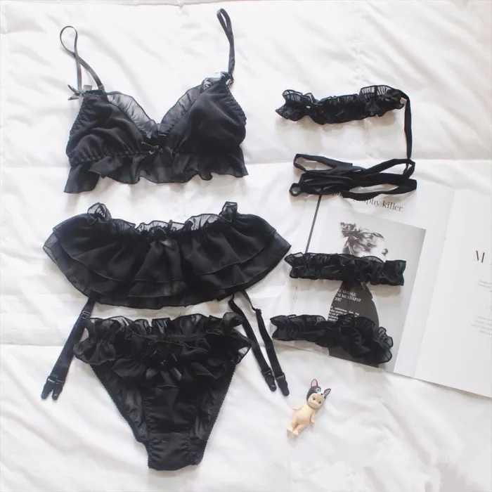 Anal Own Pleasures Black White Chiffon Lingerie Set
