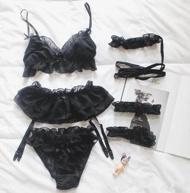 Anal Own Pleasures Black White Chiffon Lingerie Set